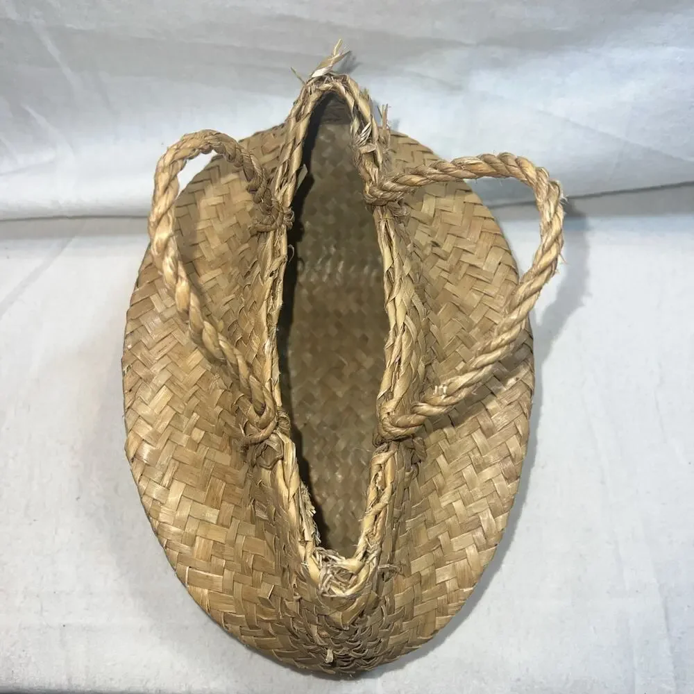Sea Grass Woven Basket Natural And Teal Handles Medium Vintage Plant‎ Basket